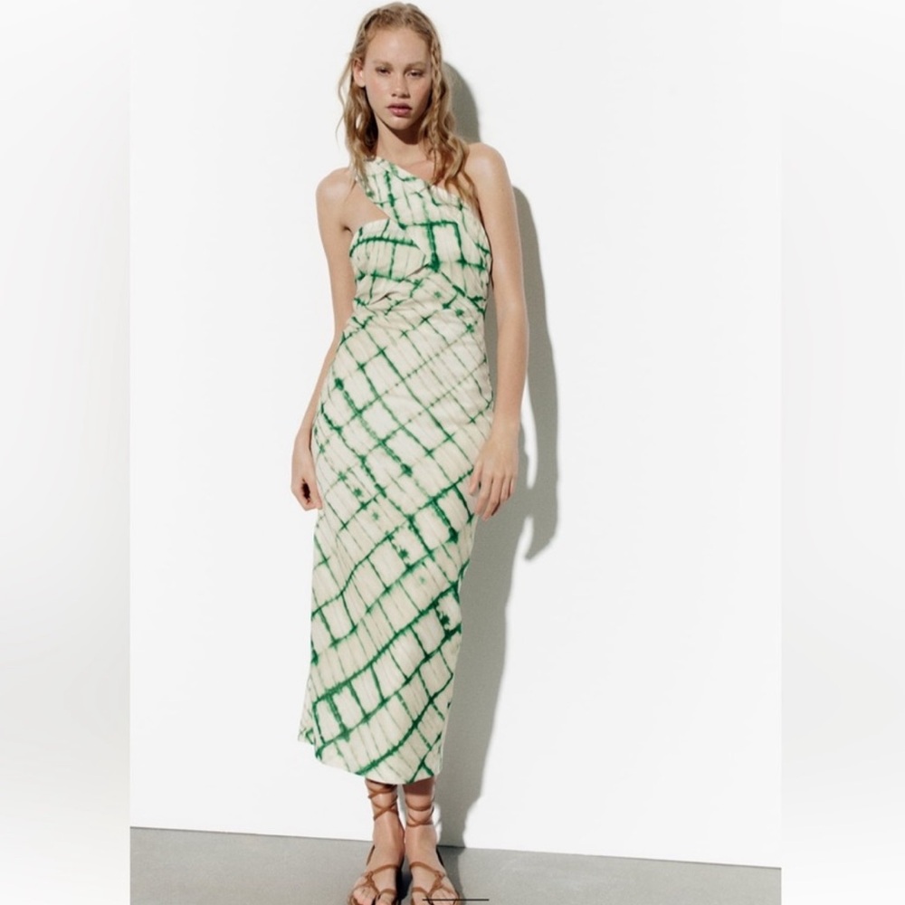Zara Cream and Green One-Shoulder Tie-Dye Dress